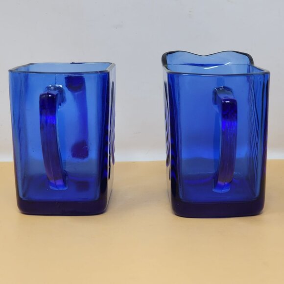 Vintage Cobalt Blue Glass Creamer & Sugar Set With Chevron Pattern - Picture 3 of 12